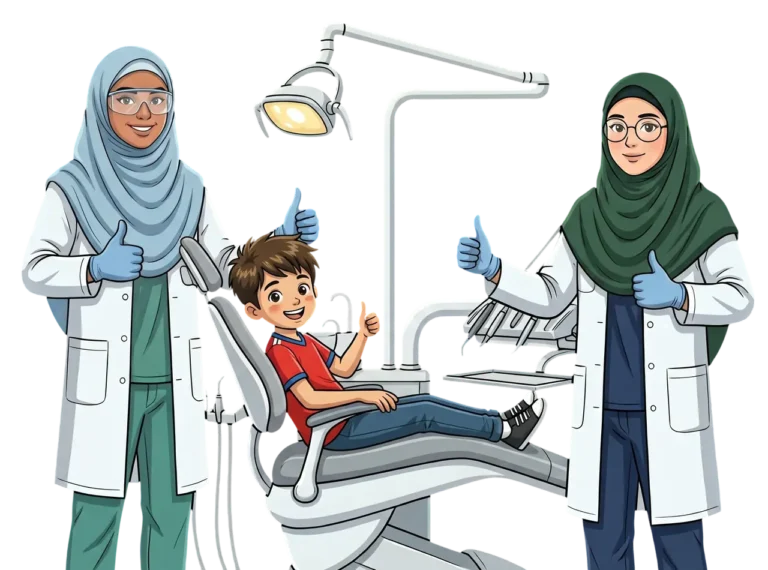 Ilustrasi doktor gigi dan pesakit kanak-kanak di Klinik Pergigian Ezhany