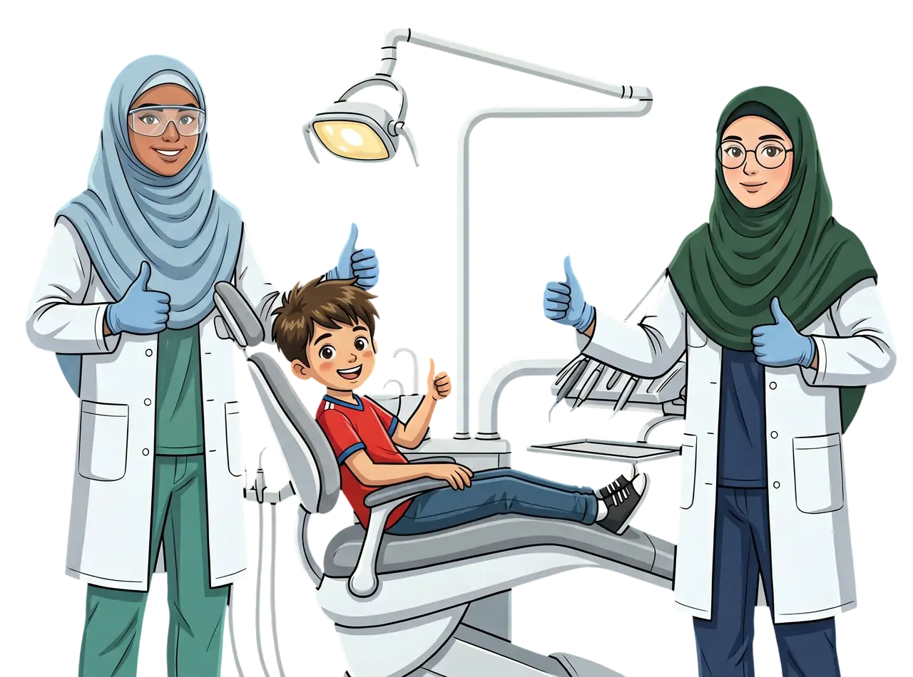 Ilustrasi doktor gigi dan pesakit kanak-kanak di Klinik Pergigian Ezhany